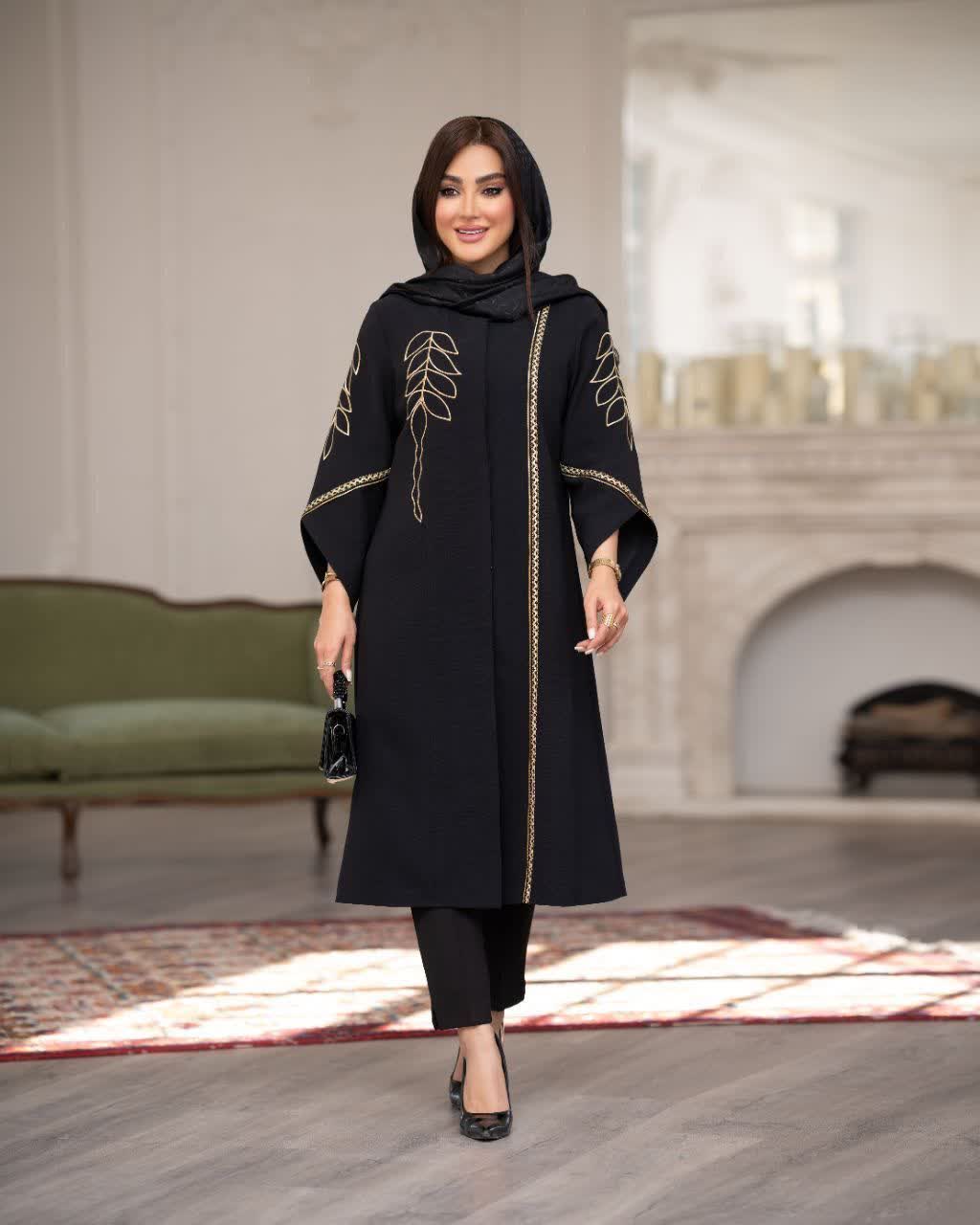مانتو زنانه مجلسی شانتون اسلپ گلدوزی تا سایز ۵۶ مشکی