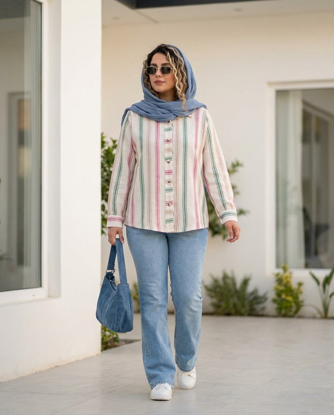 شومیز مانتویی زنانه لینن مدل ژینا تا سایز ۴۸